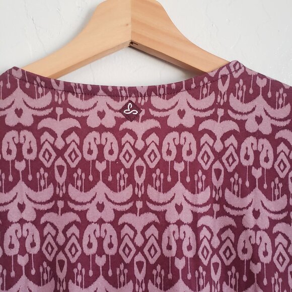 PrAna Twist Faux Wrap Printed V-Neck Dress 3/4 Sleeves Burgundy Sz Large Stretch - Picture 8 of 9